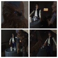 Chewie watches the troopers walk away, making sure they are gone. They both stand up and move away from the booth. HAN: "Seventeen thousand! Those guys must really be desperate. This could really save my neck. Get back to the ship and get her ready." Chewie exits the cantina. #starwars #anhwt #toyshelf